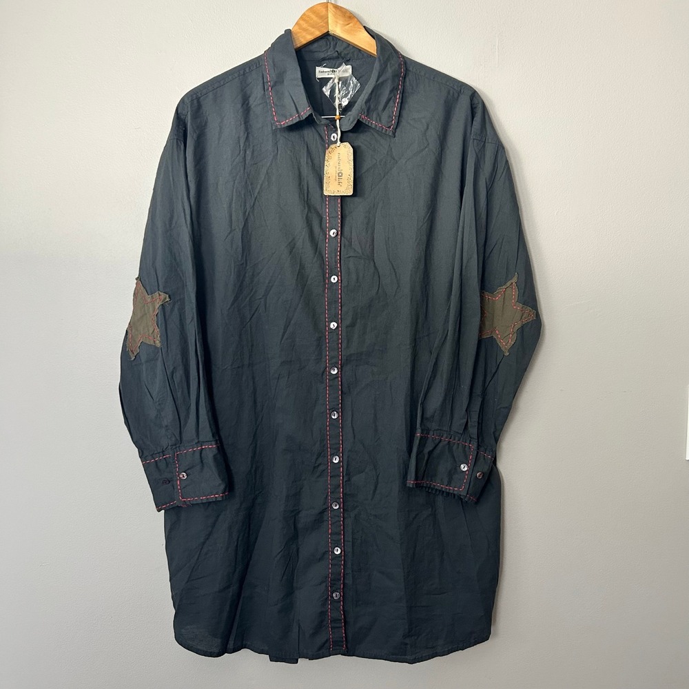 Natural Life Shirt Dress Women L/XL Black Star Patch Boho Cotton Whimsical NWT